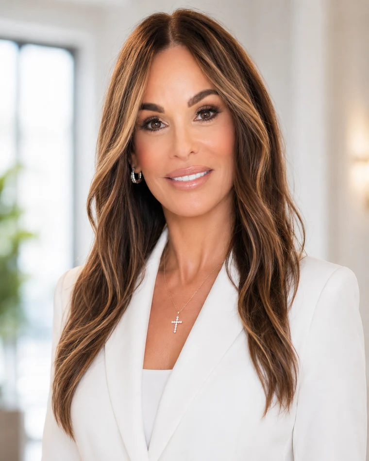 Kelly Scalone in a head-and-shoulders portrait: long layered brown hair with lighter highlights, a white blazer over a white top, small hoop earrings and a fine gold chain with a diamond cross pendant, photographed indoors beside a bright window.